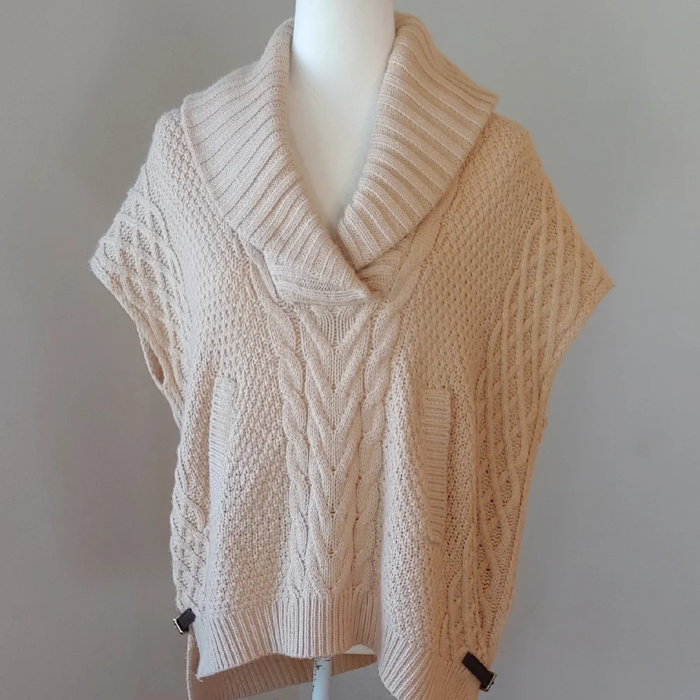 Saks Fifth Ave Wool Blend Cream Cable Knit Cowl Sweater with Side Belts Small - Picture 6 of 16